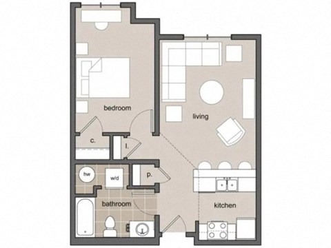 Floor plan for 1 bed, 1 bath, 738 sqft